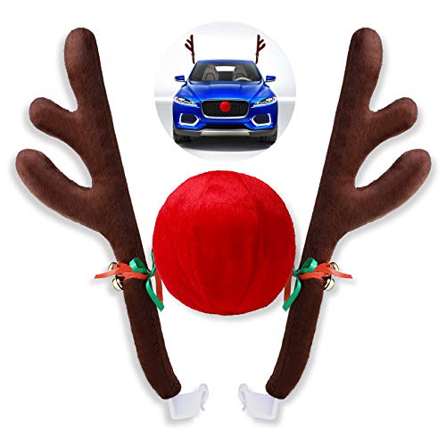 Christmas Car Decorations - Reindeer Antler Kit with Jingle Bells and Red Nose - Vehicle Accessories for Xmas