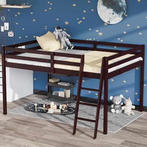 VINGLI Loft Bed with Slide, Twin, Space Saving Kids Low Loft Bed with Guardrail and Ladder, Pine Wood and Sturdy Bed Frame for Boys and Girls, White