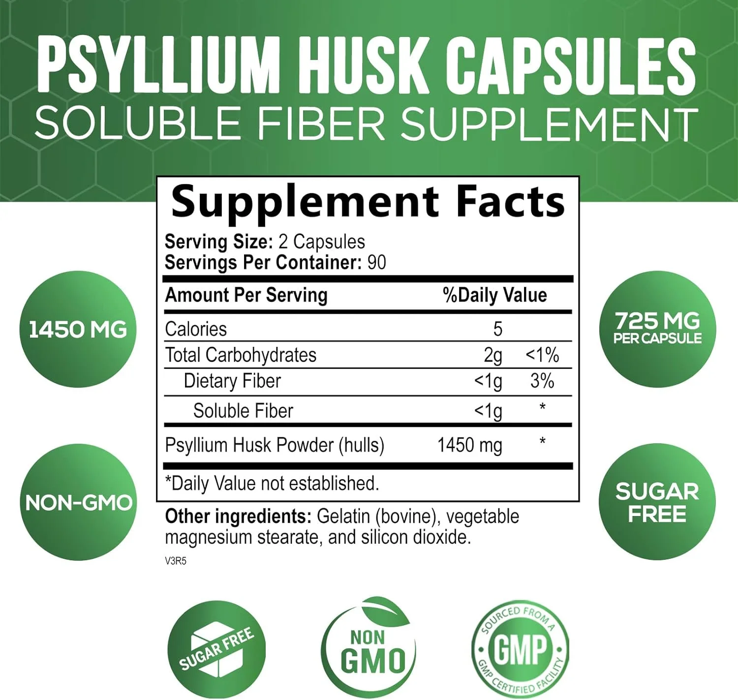 High Absorption Psyllium Husk Capsules 1450mg, Natural Soluble Fiber Supplement Non-GMO Gluten Free Digestive Support, Psyllium Fiber Caps Support Digestion & Regularity - 180 Capsules