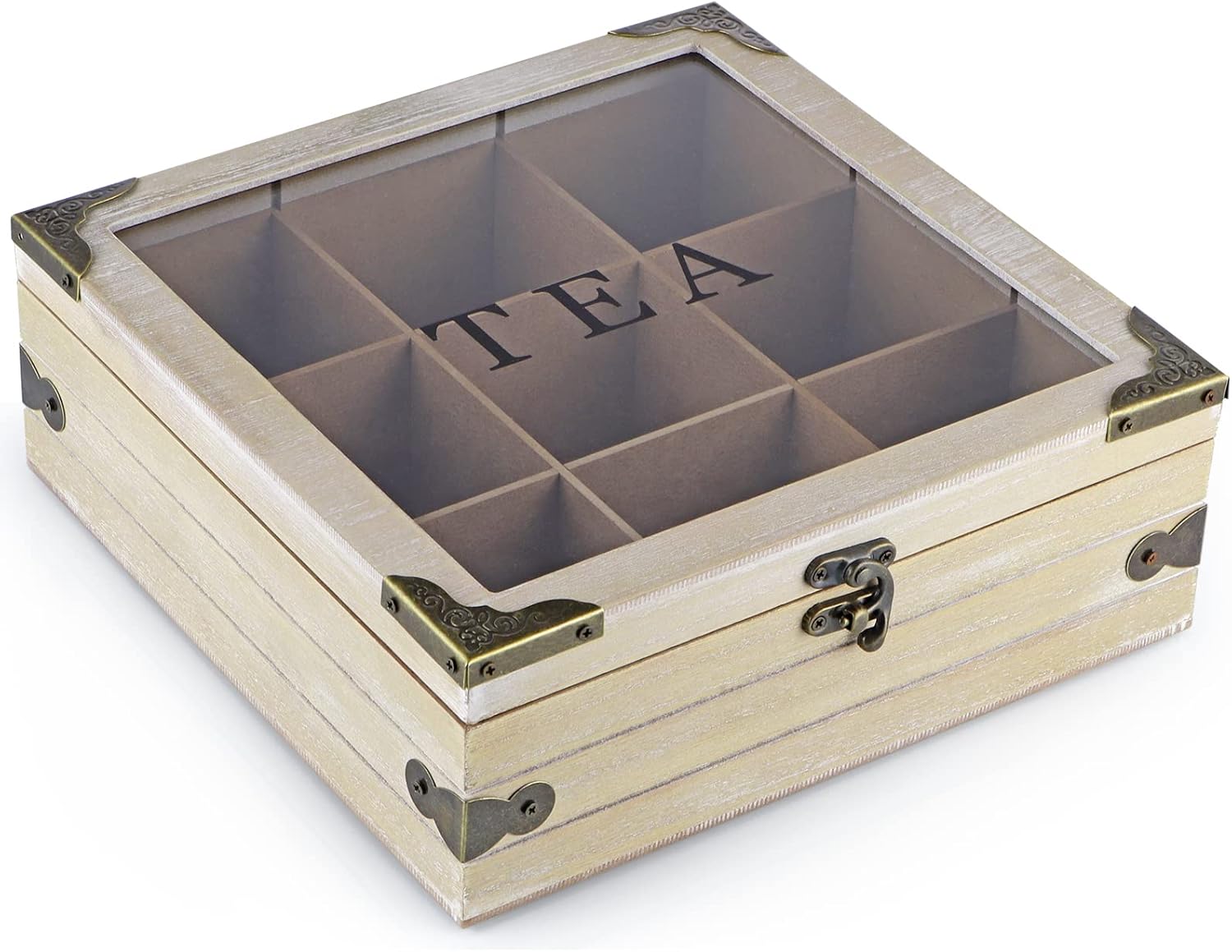 Wood Tea Box Organizer, Tea Storage Chest with Glass Lid, 9 Compartments, Tea Bag Holder for Cabinet, Pantry