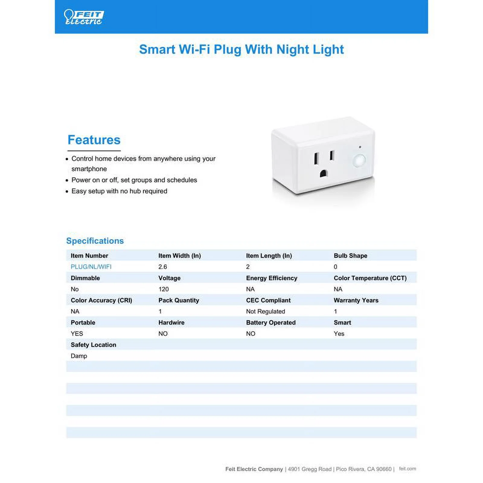 Feit Electric 3008388 Smart White Plug with Night Light