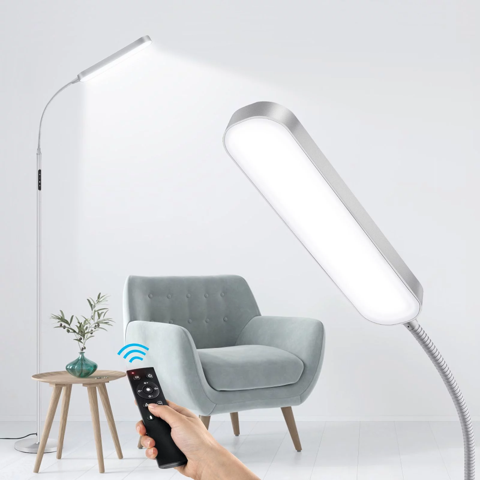 OUTON LED Floor Lamp with Remote Touch Control Adjustable Standing Reading Light with 4 Color Temperature for Living Room Silver(Grey)