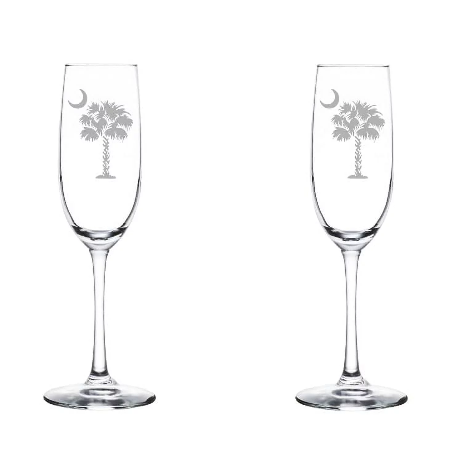 Set of 2 Glass Champagne Flutes Sparkling Wine Glasses Palmetto Tree South Carolina Palm Moon (8 oz Stemmed)
