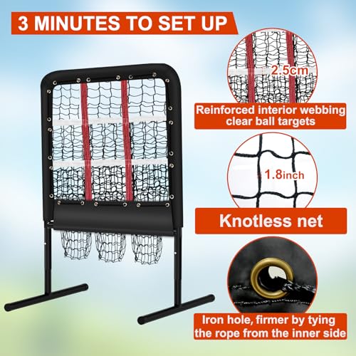 9 Hole Pitching Net with Strike Zone and Handbag, 2X3' Fixed by 4 Ground Stakes or 2 Sandbags. Adjustable Heights(39-46in) for Pitching Target Net