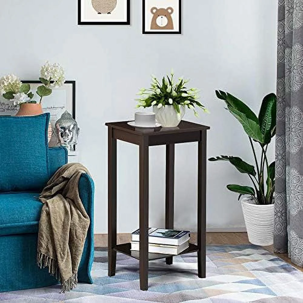 Tall End Table With Storage Shelf And Solid Wood Legs, Sofa Side Table Telephone Table For Living Room/Couch/Hallway/Small Spaces, D12xw15xh29 Inches, Dark Coffee