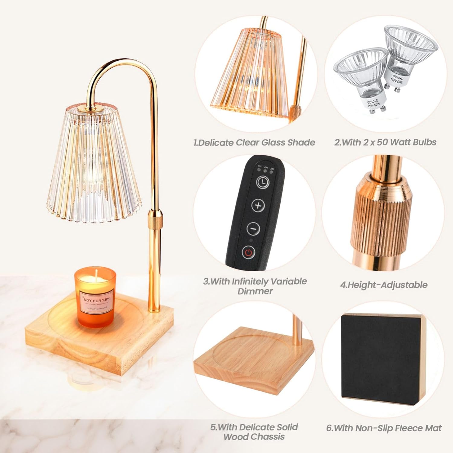 Dimmable Candle Warmer Lamp Gold: Electric Candle Wax Warmer Lamp with 2 Bulbs & Timer, Height Adjustable Candle Melting Lamp for Jar Candles, Mothers Day Gifts for Mom, Vintage Gold Home Decor
