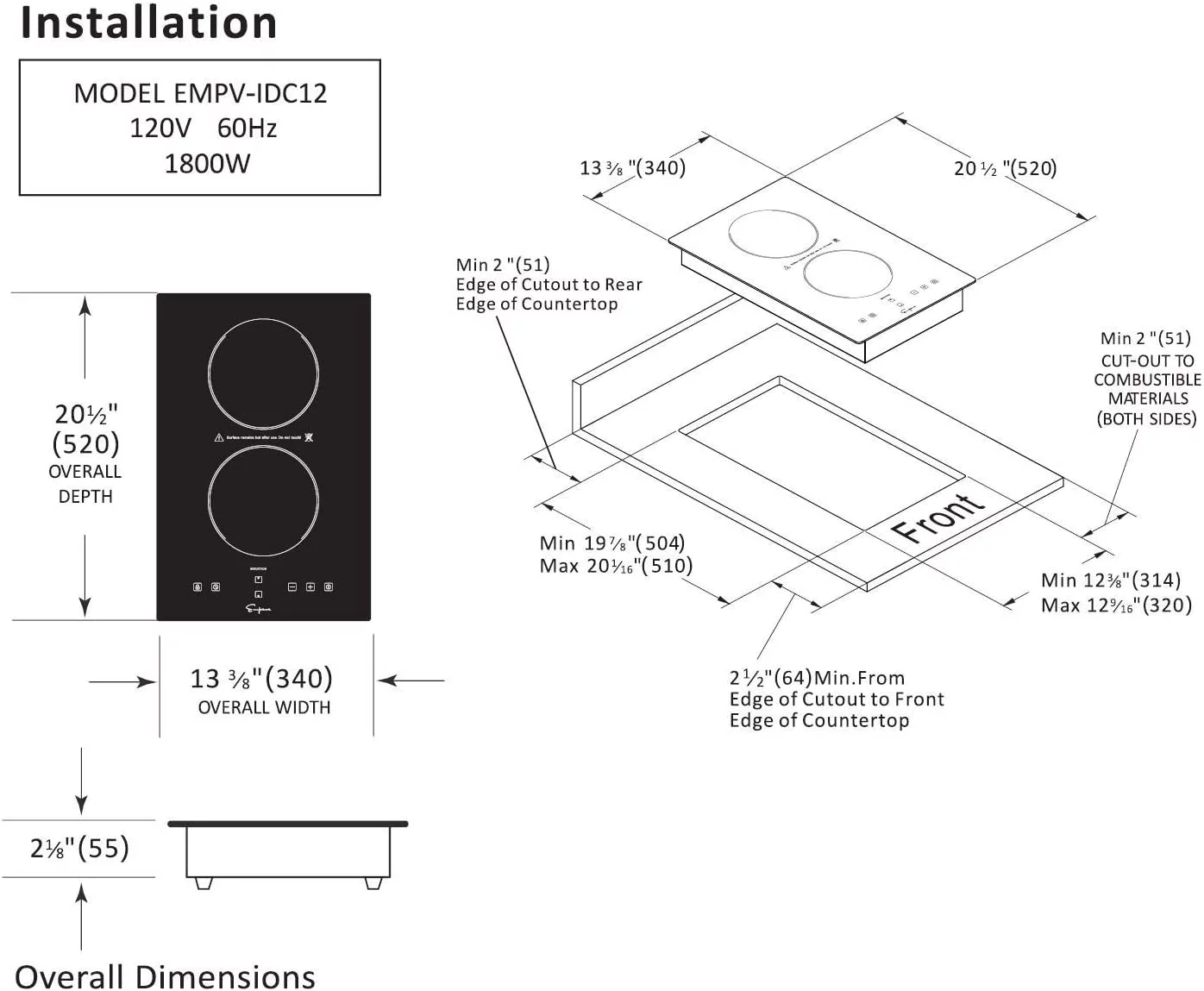 Empava Electric Stove Induction Cooktop Vertical with 2 Burners Vitro Ceramic Smooth Surface Glass in Black 120V, 12 Inch 12 Inch Cooktop