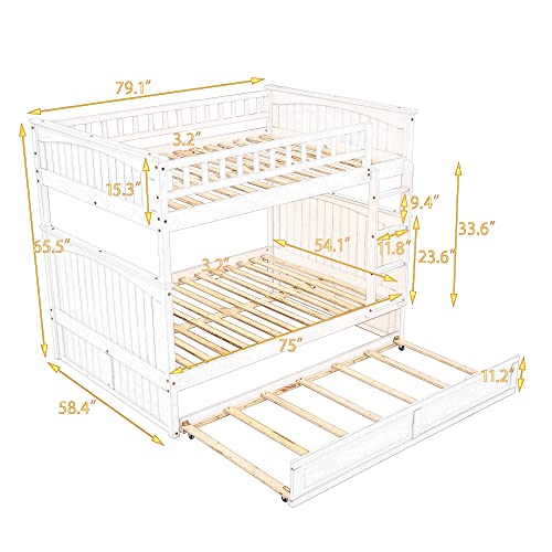Ball & Cast Twin-Over-Twin Bunk Bed with Twin-Size Trundle and 3 Storage Stairs,Wood Bunkbed w/Full-Length Guardrails,Slat Support,Bedframe Furniture for Student Dorms,White