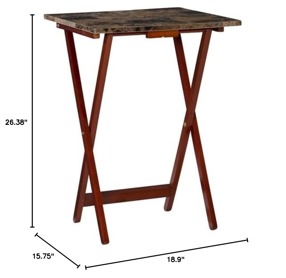 Pemberly Row 5 Piece Wood Folding Faux Marble Table Tray Set in Brown