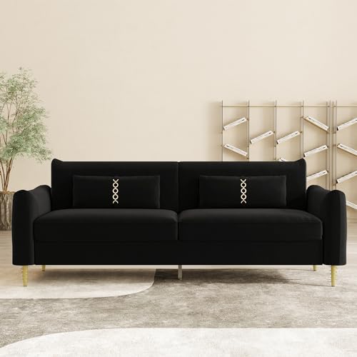 85 in 3-Seat Couch Velvet Couch, Mid Century Modern Couch Love Seats with Solid Wood Frame & 2 Same Color Pillows & Gold Couch Legs, Velvet Sofa Comfy Couch for Large Living Room Space（P16-White）