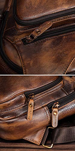 Le'aokuu Men Fashion Casual Tea Designer Travel Hiking Crossbody Chest Sling Bag Rig One Shoulder Strap Bag Men Leather 8015