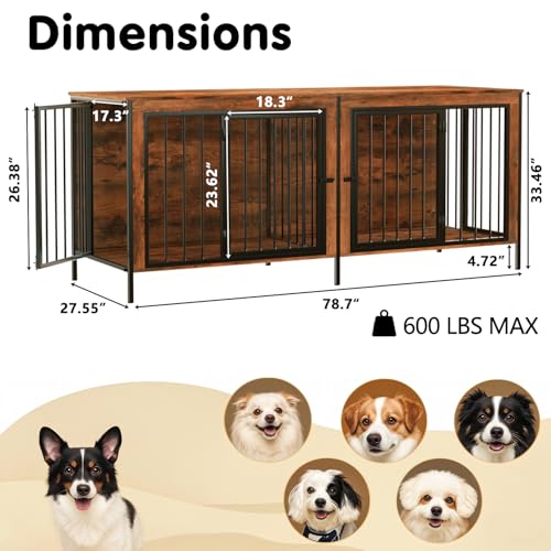 TAVATA 78 Inch Dog Crate Furniture for 2 Dogs, XXL Thick Double Dog Cage Furniture Large Breed, Heavy Duty Dog Kennel Indoor Crate for Large Dogs, Dog Crate TV Stand, Gray