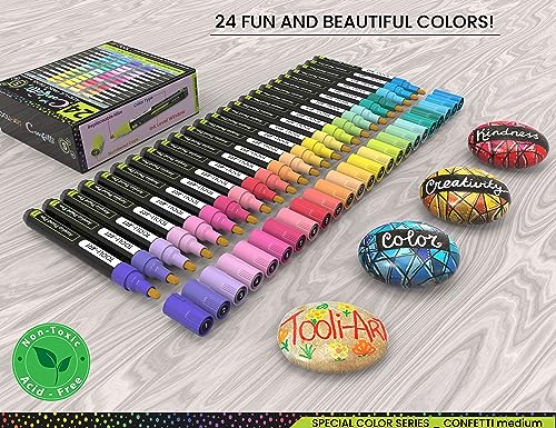 24 Neon Fluorescent Acrylic Paint Pens Special Color Series Markers Set 0.7mm Extra Fine Tip, Rock Painting, Glass, Mugs, Wood, Metal, Canvas DIY Projects Detailing Non Toxic, Waterbased Quick Drying
