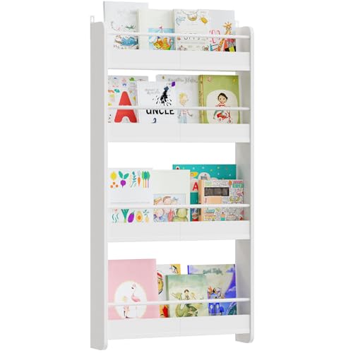 Kids Bookshelf, 4-Tier Wall Mount Bookshelf for Kids, Wooden Nursery Bookshelves, Hanging Book Shelf for Kids Room, Playroom, Bedroom, Living Room, White BKBW7601