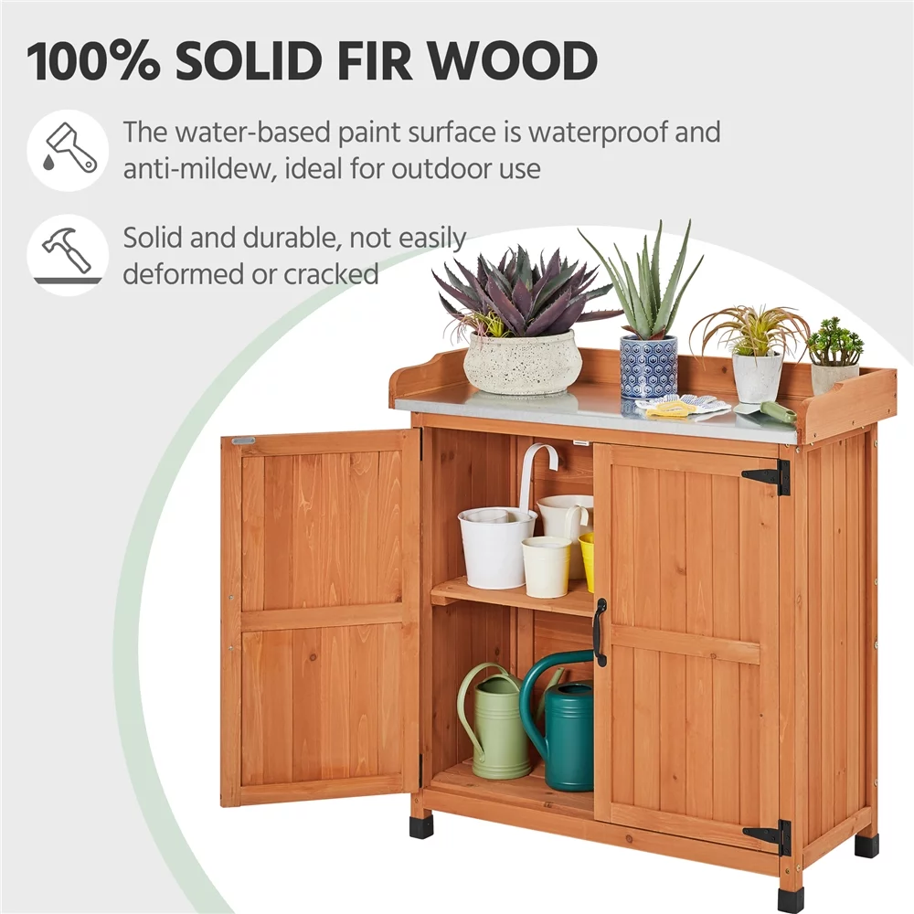 Topeakmart Wooden Garden Potting Bench Table with Storage Cabinet for Outdoor, Brown