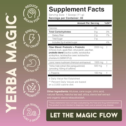 Yerba Mate Instant Tea Powder, 3-in-1 Super Drink - Clean Energy, Brain Fog Buster, and Gut Health Powered by Nootropics, Prebiotics and Probiotics | Yerba Magic Pina Colada 30 Servings