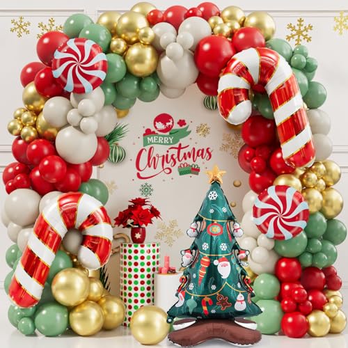 Christmas Balloon Garland Arch Kit 168PCS Red Sage Green Gold White Sand Balloons Candy Balloon Cand Cane Balloons for Christmas Party Decorations Supplies