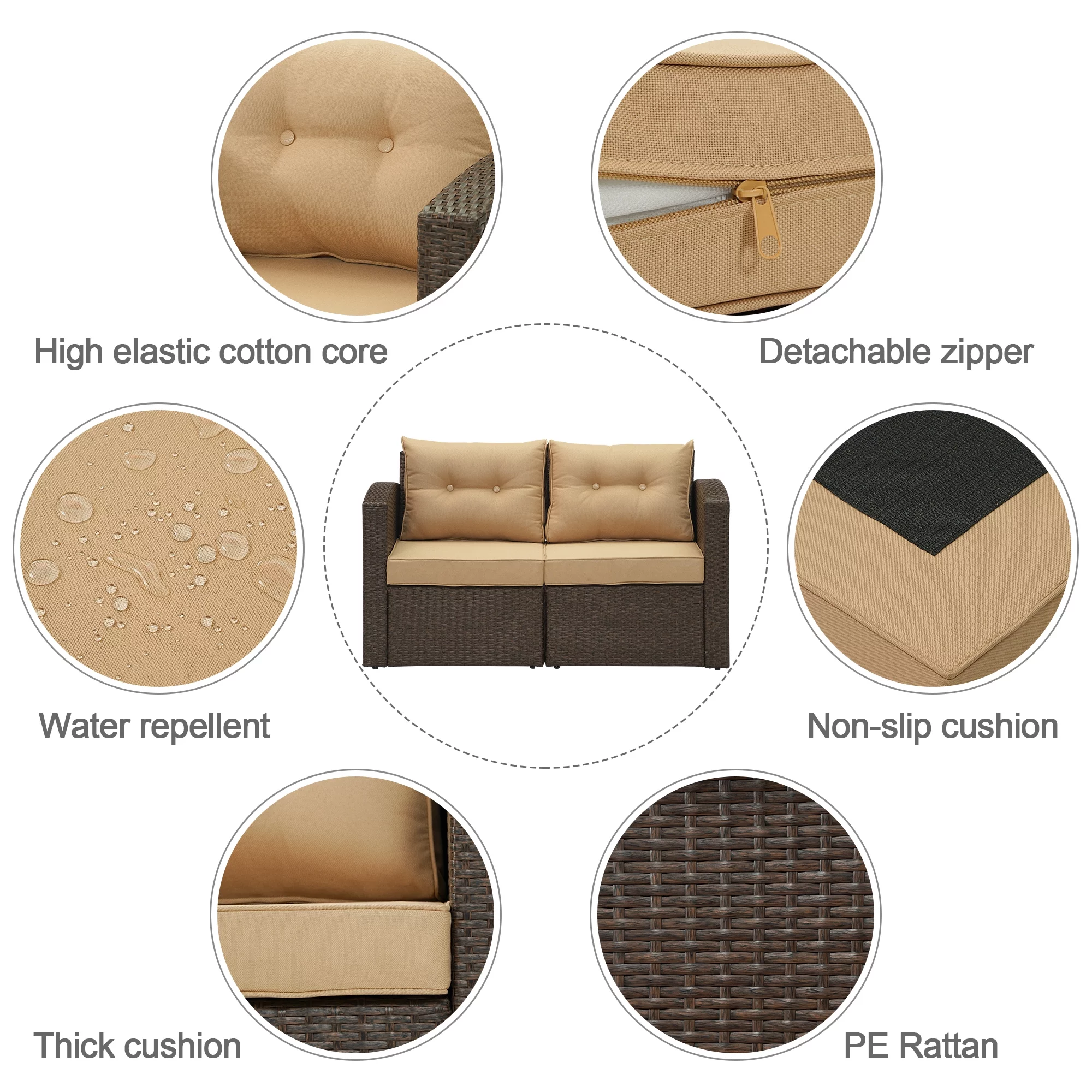 Cozyhom Brown Wicker Rattan Corner Sofa,Outdoor Furniture with Beige Cushions