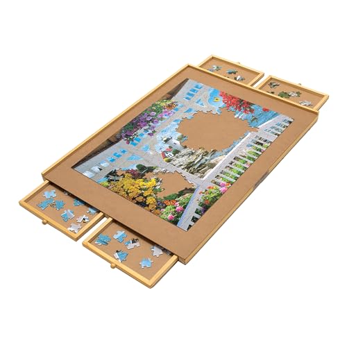 Bits and Pieces Puzzle Board with Drawers – 1000 Piece Jigsaw Puzzle Table Organizer Premium Wooden Puzzle Board for Adults 22.25x 30 Smooth Non-Slip Surface Portable Puzzle Table with Sorting Trays