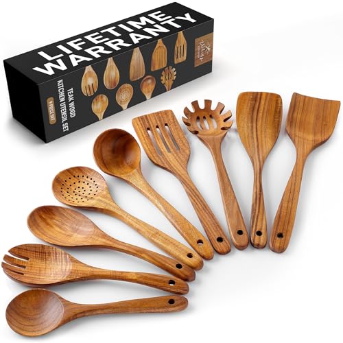 Zulay Kitchen 30-Piece Teak Wooden Utensils for Cooking - Natural Teak Utensil Set with Premium Gift Box - Non-Stick Wooden Spoons for Cooking - Kitchen Gift Set - Comfortable Grip Wooden Utensil Set