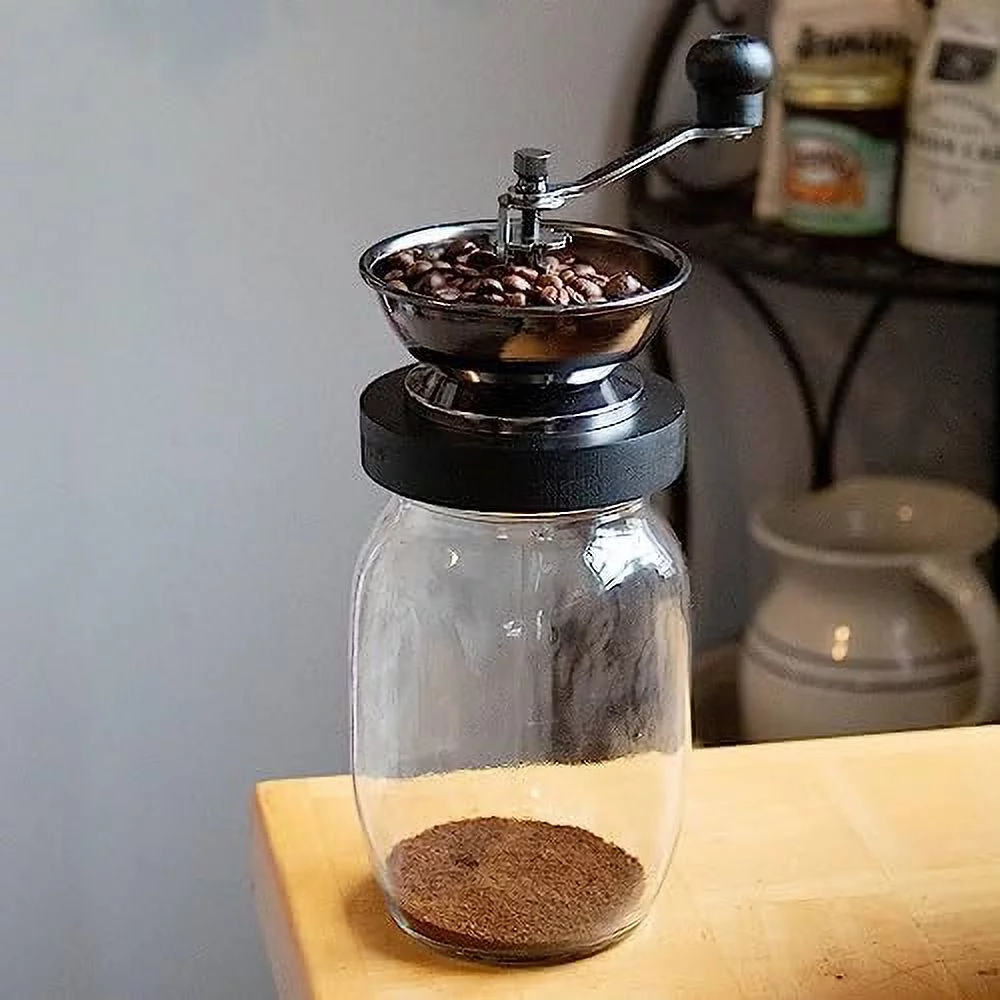 Manual Coffee Grinder With Mason Jar Grounds Storage, Comfortable Grip Quiet Smooth Non-Electric Hand Crank, Standard Grind