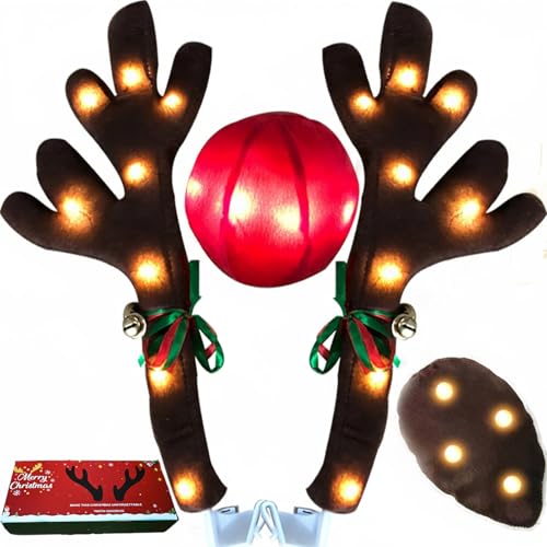 Upgraded Christmas Car Reindeer Antlers Decoration Kit, Vehicle Xmas Auto Decoration Reindeer Kit with Jingle Bells Rudolph Reindeer, Red Nose, Tail Suitable for Any Cars- Add Holiday Spirit