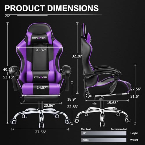 GTPLAYER Gaming Chair, Computer Chair with Footrest and Lumbar Support, Height Adjustable Game Chair with 360°-Swivel Seat and Headrest and for Office or Gaming (White)