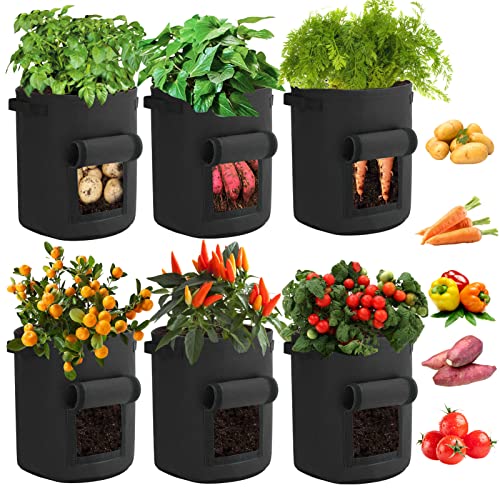10 Gallon Potato Grow Bags, 6 Pack Planting Growing Bag with Handles and Harvest Window, Thickened Nonwoven Fabric Grow Bags for Tomato, Vegetable, Fruits, Flower (Green)