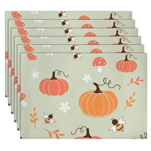 Kitchen Placemat Faux Leather Cartoon Pumpkin Bee 12 X 18 Inch Plate Placemats Cute Autumn Bees Dining Table Insulating Mats Placemats Waterproof Festival Party Thanksgiving Table Pack of 6