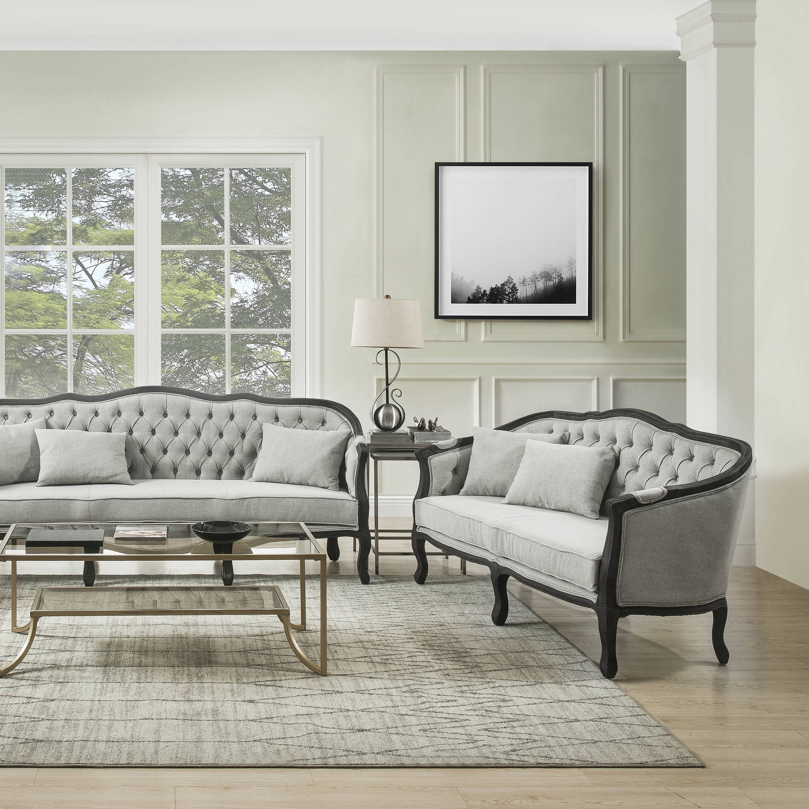 ACME Samael Linen Loveseat with Wooden Leg and 2 Pillows in Gray and Dark Brown