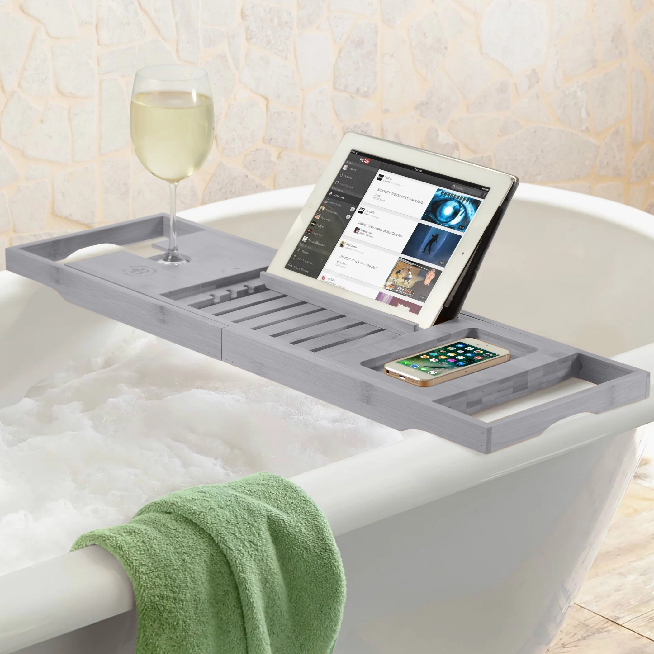 Bambusi Bathtub Caddy with Extendable Sides, Wine Glass Holder, Book Stand and Phone Tray