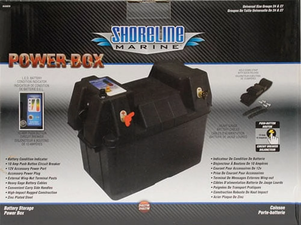 Shoreline Marine SL52079-X Deluxe Power Station Boat Battery Box with USB & USB-C, fits 27m Battery