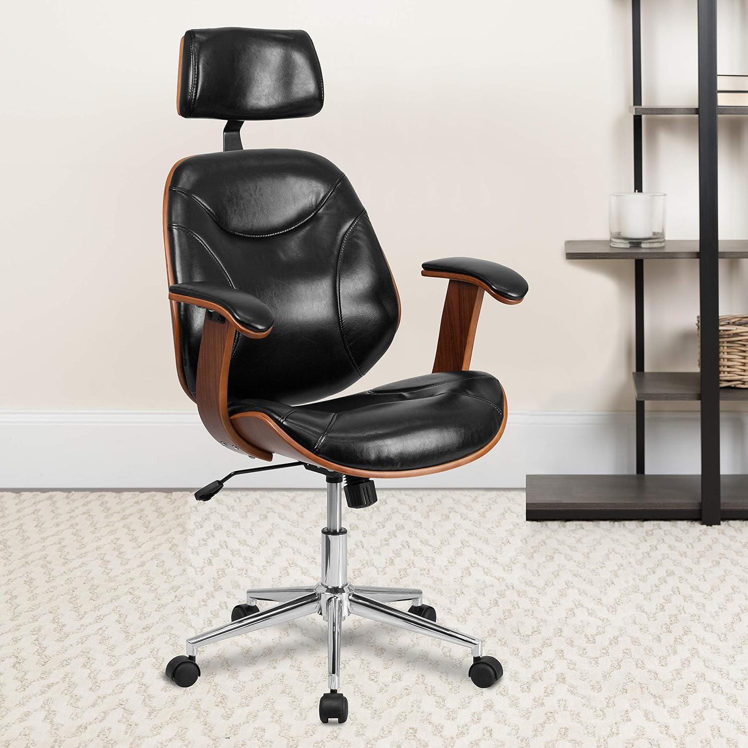 Flash Furniture High Back Black LeatherSoft Executive Ergonomic Wood Swivel Office Chair with Arms