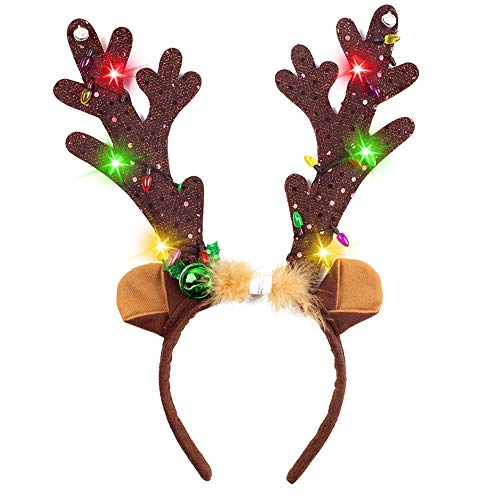HANSGO LED Reindeer Antlers Headband with Bells - Christmas Reindeer Ears