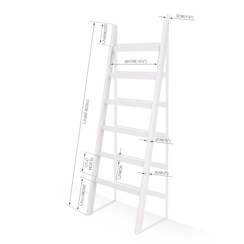 Blanket Ladder, 6 Tier Blanket Holder, 68.9 Inch Tall Blanket Rack, Ladder Shelf Against The Wall, Rustic Bamboo Quilt Rack Stand in Bathroom, Living Room, Bedroom, White
