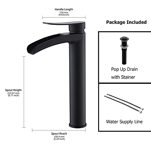 Phiestina Brushed Gold Tall Bathroom Vessel Sink Faucet, Single Hole Single Handle Waterfall Modern Bathroom Faucet, with Pop Up Drain and Water Supply Line, NS-SF01-BG-V
