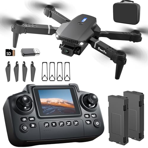 E88 Drone with Screen Controller with SD card, Foldable Mini Drone for Beginners, 2 Batteries, 360° Flips Waypoint Fly, Active Obstacle Avoidance, One Key Take Off/Landing. (2 batteries - Black)
