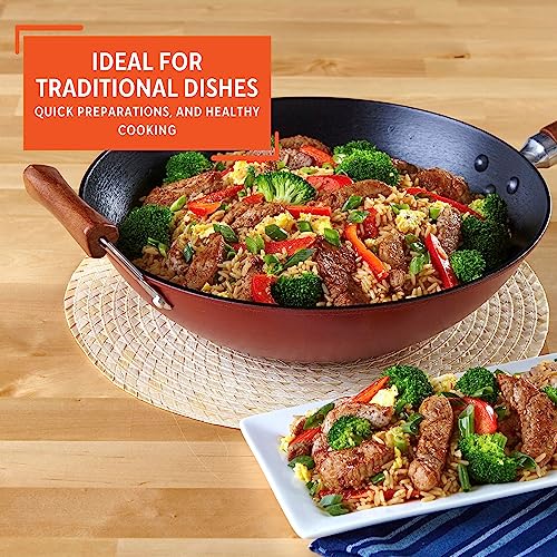 IMUSA USA Light Cast Iron Wok with Wood Handles 14-Inch, Black