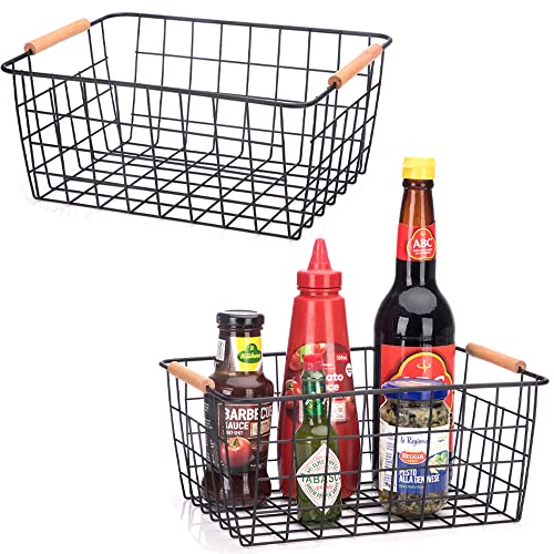 LeleCAT white wire baskets with Wooden Handles Storage Organizer Baskets, Household Refrigerator for Cabinets, Pantry, Closets, Bedrooms, kitchen - Set of 2（White）