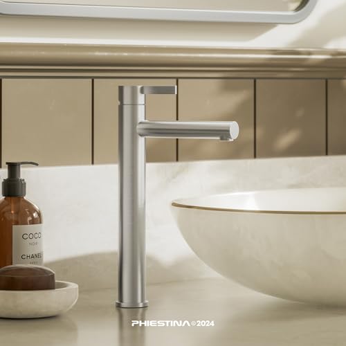 Phiestina Brushed Gold One Hole High Bathroom Vessel Sink Faucet, Single Hole Single Handle Tall Bathroom Faucet, with Pop Up Drain and Water Supply Line,FH01-BG-V