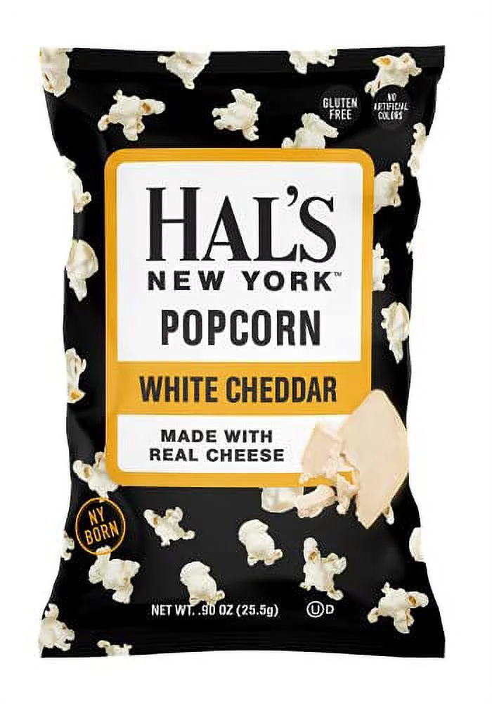 Hal's New York Kettle Cooked Potato Chips, Gluten Free (White Cheddar Popcorn, 0.90 oz Bag (Pack of 24))