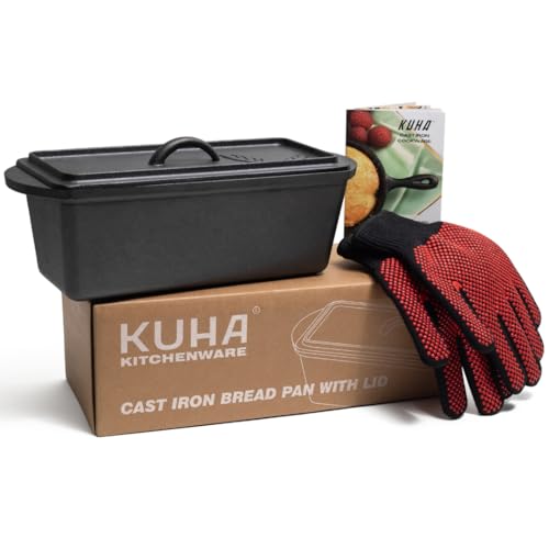 KUHA Cast Iron Bread Loaf Pan with Lid + Heat Resistant Gloves - Pre-Seasoned Cast Iron Bread Pan with Handles - Oven-safe bread pans for homemade bread - Ideal Loaf Pans for Campfire or Home Kitchen