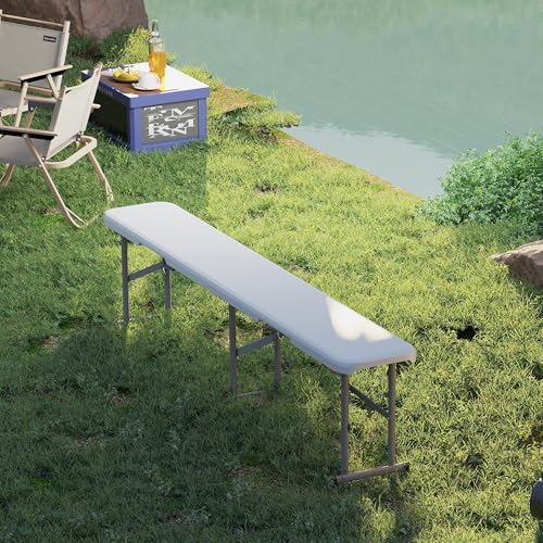 Outsunny 2-Pack 6 Ft. Plastic Folding Benches, Portable Foldable Bench Seats with Carrying Handle, Non-Slip Mat, HDPE Tabletop, Picnic Benches for Camping Dining Picnic BBQ Sports, White