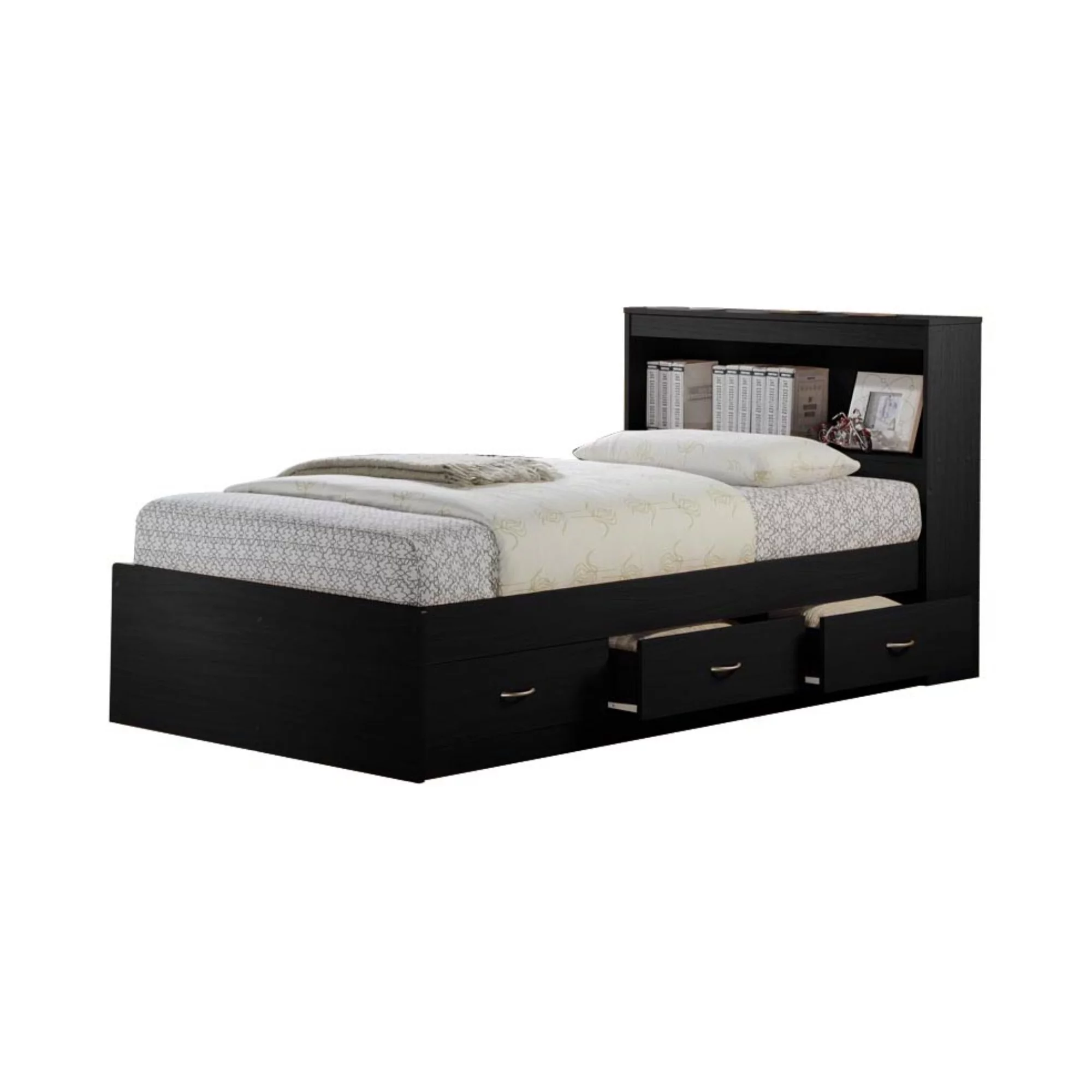 Hodedah Twin Size Captain Bed with 3 Drawers and Headboard in Black Wood
