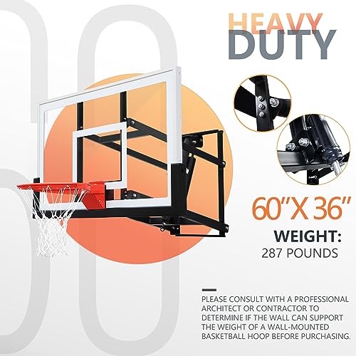 PROGOAL Basketball Hoop Garage Wall Mounted Adjustable-Height, with 60''x36''Tempered Glass Backboard, Pro-Style Breakaway Rim, Durable Bracket and All Weather Net