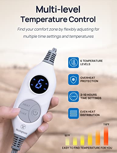 Westinghouse Wearable Heated Throw Blanket, Electric Heated Wrap Poncho Shawl with Pockets, 6 Heating Levels & 2 to 10 Hours Time Settings, 50 x 60 Inch, Light Grey