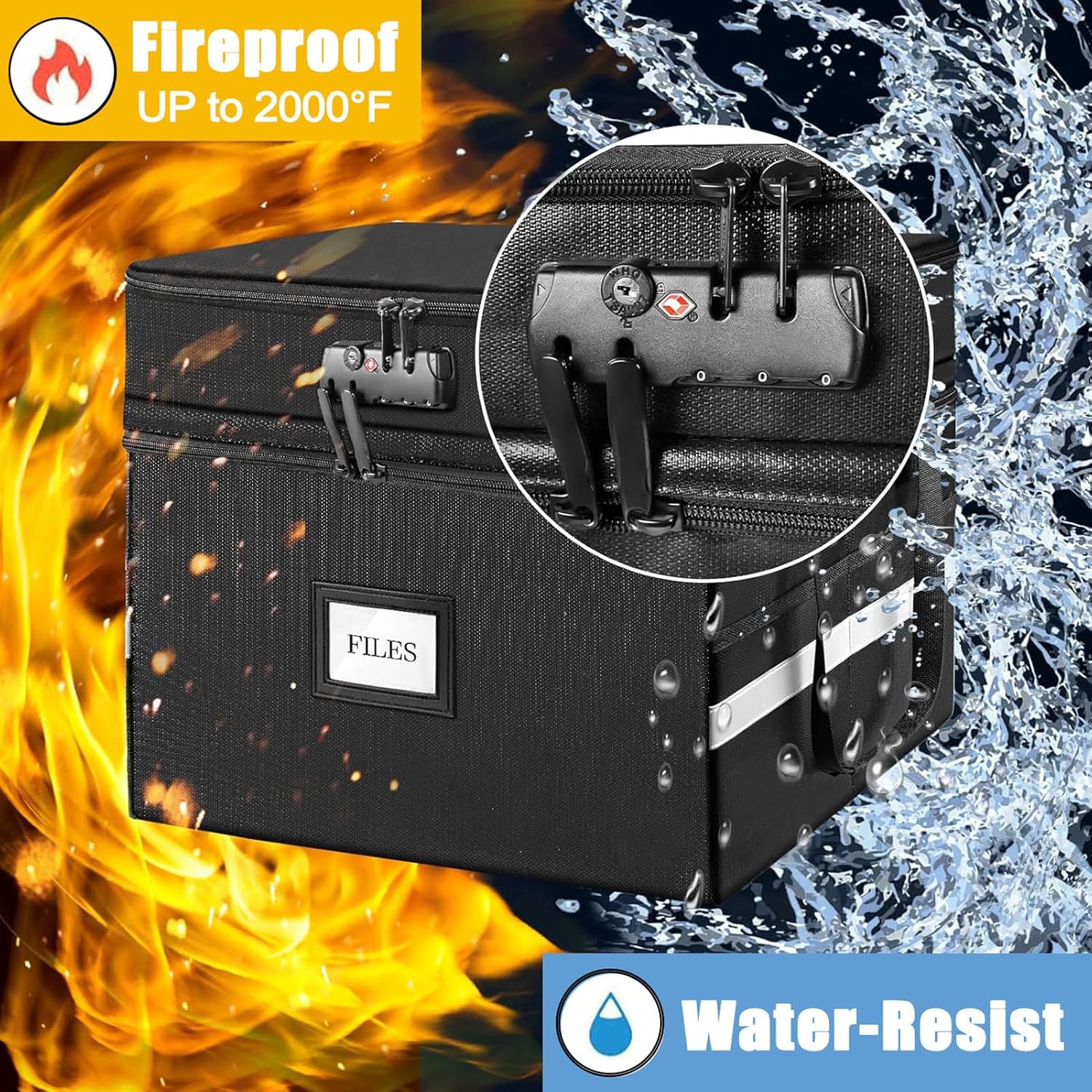 2 Layer Fireproof Document Box with Lock, File Box Water-Resistant File Organizer File Cabinet, Portable File Organizer Document Safe for Home Office Letter Legal Folder (Black)