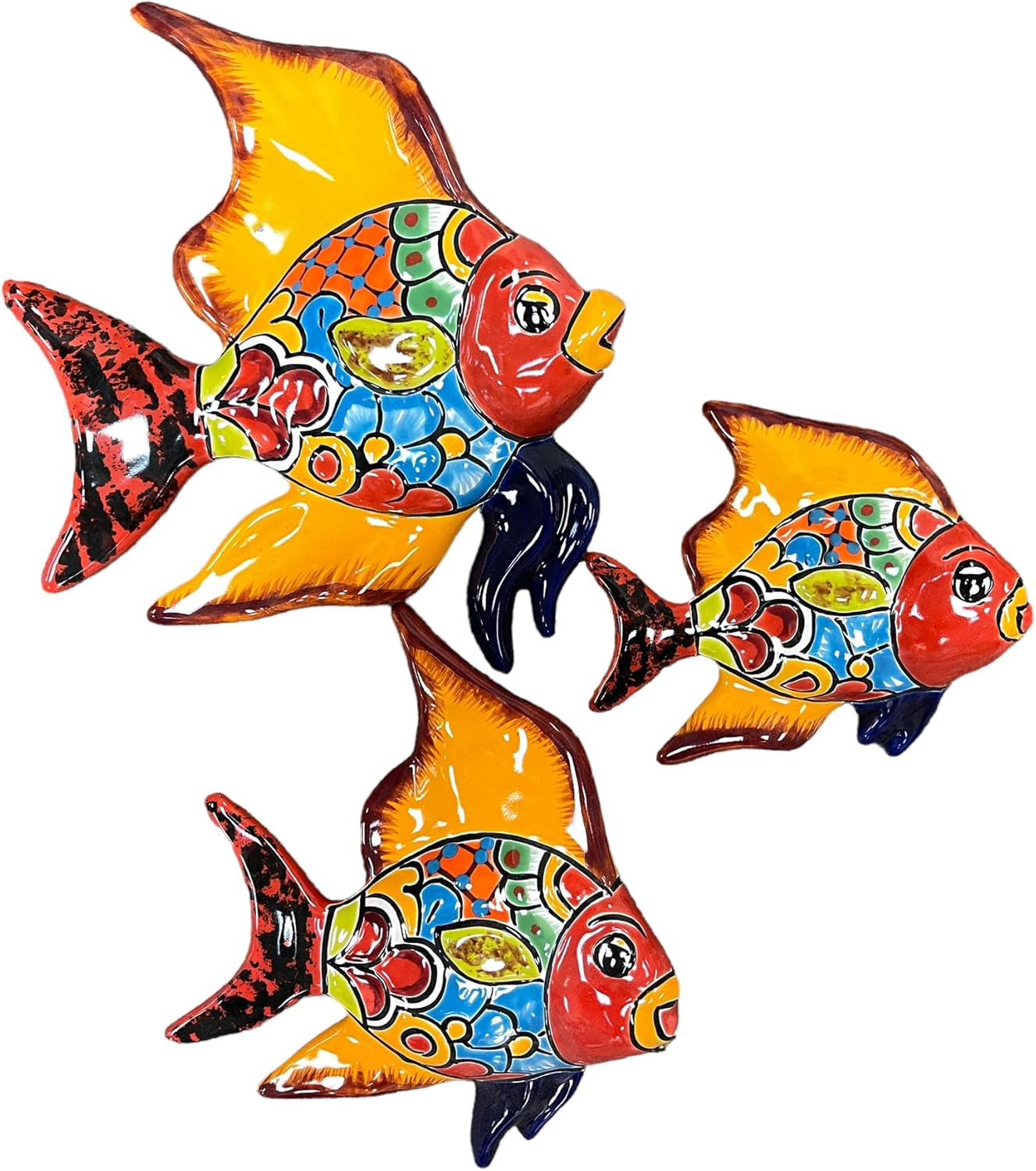 Talavera Fish Sculpture 3pc Animal Sculpture Mexican Pottery Folk Art Multicolor Hand Painted Home Decor Outdoor Indoor Handmade (Multi 9)
