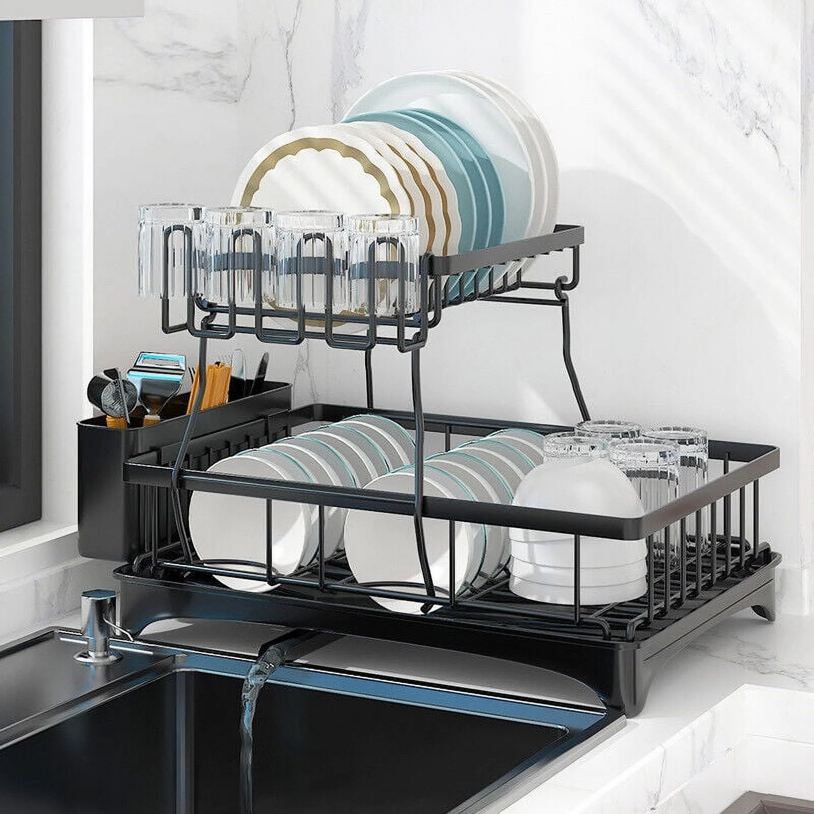 Sensch 2 Tier Dish Racks for Kitchen Counter, Drying Rack with Drainer, Stainless Steel Kitchen Organizers with Utensil Cups Holders, Drain Board with Drainage