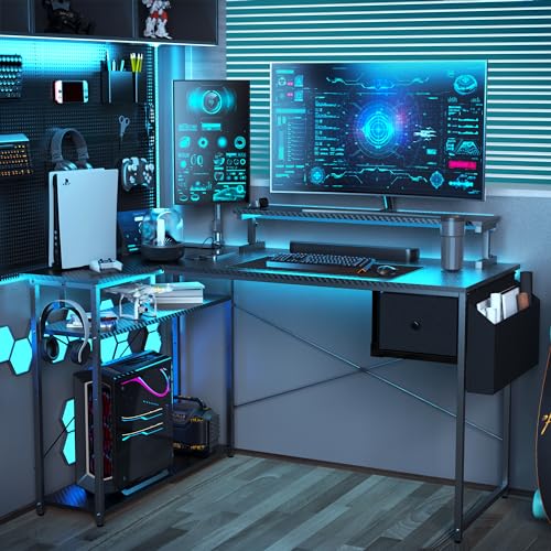L Shaped Gaming Desk, 47 Inch Computer Desk with Adjustable Stand & RGB Lights, Corner Desk for Power Outlet, Carbon Fiber Texture